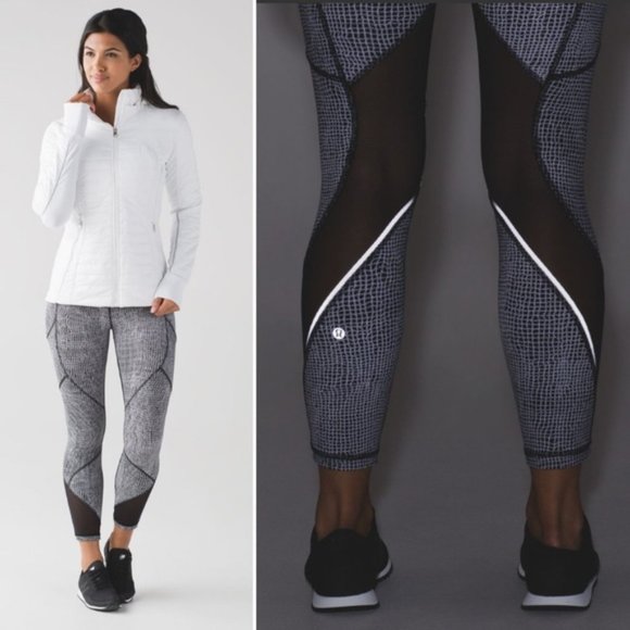 Lululemon Outrun Tight Fall Net White Black Side Pocket Workout Ankle Crop - Picture 2 of 16